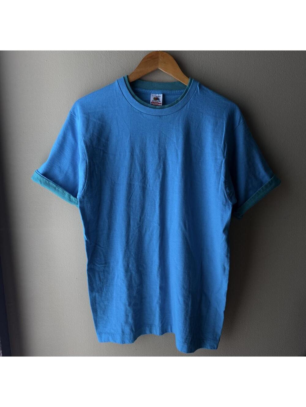 Vintage 90s Fruit of the Loom Blue Teal Ringer T-Shirt Large